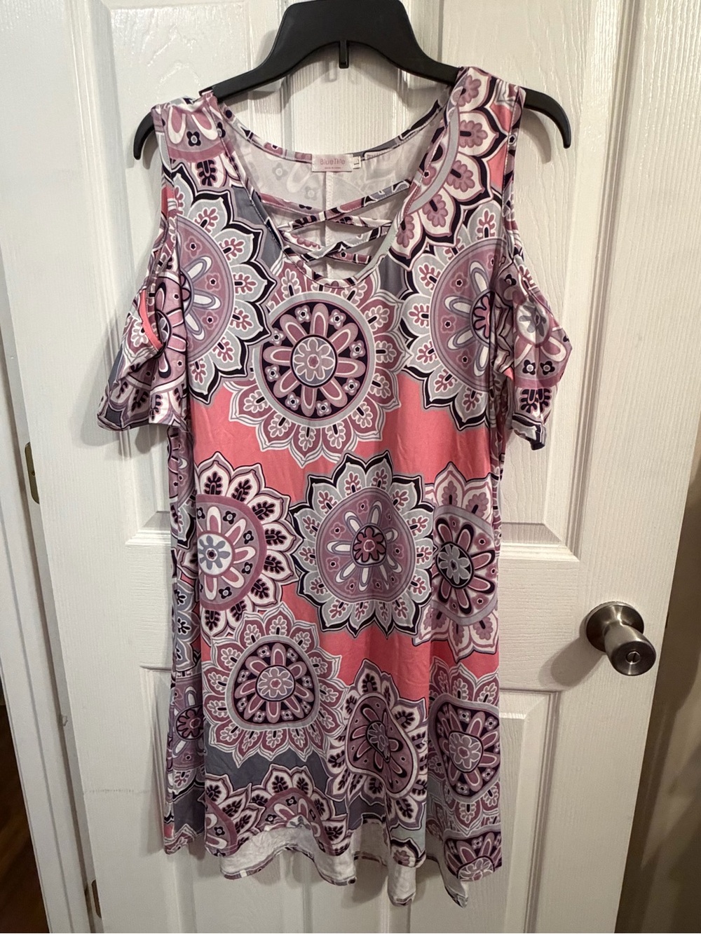 Cold-Shoulder Pink and Lavender Medallion Print Dress
